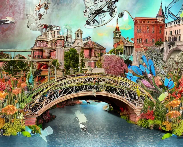 Image similar to detailed bridge with unexpected maximalist elements. 8x HD mixed media 3D collage in the style of an hyperdetailed childbook illustration in soft natural tones. matte background no frame HD