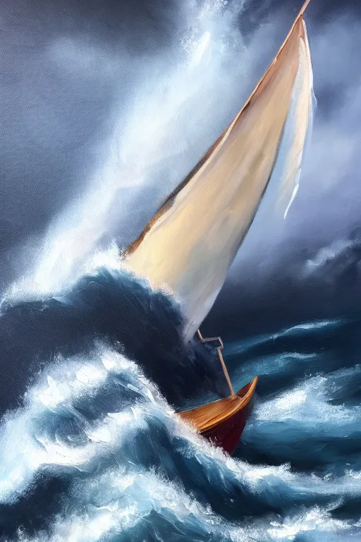 Image similar to an oil painting illustration of sailing boat in huge waves, night, moonlight, dark clouds, dramatic shoot, artstation trending, high quality, no crop, entire person visible, natural light, width 768