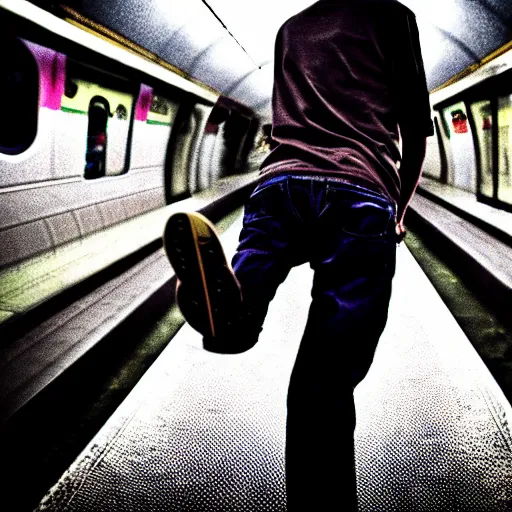 Image similar to tony hawk with his legs amputated on a subway train, photograph, saturated colors, emotional lighting, moody shadows, 4 k