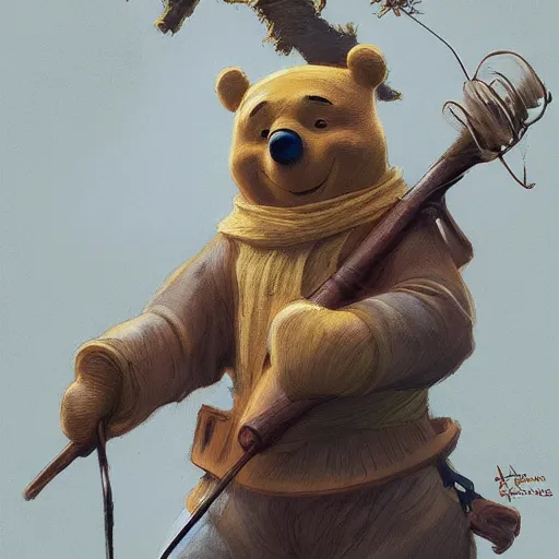 Prompt: Winnie the Pooh executioner, highly detailed, digital painting, artstation, concept art, sharp focus, illustration, art by artgerm and greg rutkowski and alphonse mucha,