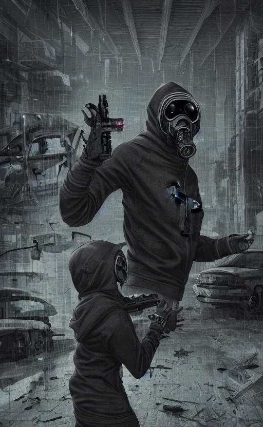 Image similar to wolf gang, cyberpunk, gray hoodie, photo group, old car, abandoned warehouse, weapon, drugs, flex, relative position, gasmask, non fiction stability, intricate, elegant, 8 k, uhd, justify, artstation, concept art, matte, sharp focus, illustration, consistent, one object content, proportional object content