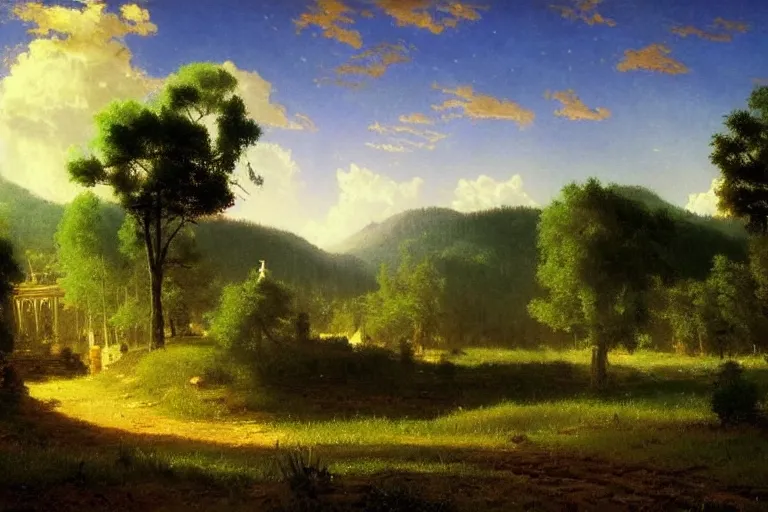 Prompt: Very beautiful painting by Albert Bierstadt and City Hunter anime HD and Naïve Art HD and Toei animation backgrounds, a beautiful landscape of the french countryside with a big science fiction spherical factory on a hill, nice lighting, soft and clear shadows, low contrast, perfect