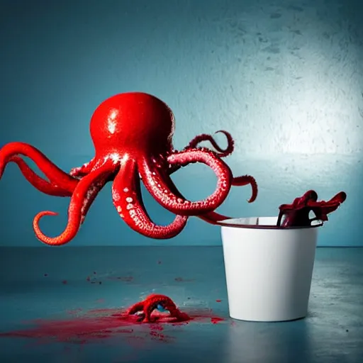 Image similar to a clean studio photography set, there is a bucket of red paint and it has just viciously exploded, there is paint EVERYWHERE, but not on the octopus, he is hiding, incredible beautiful ambient light