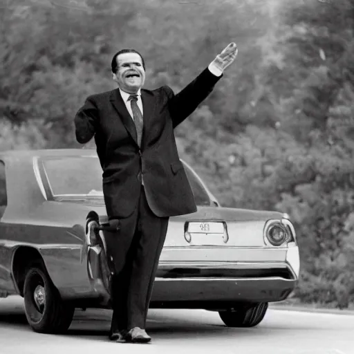 Prompt: Richard Nixon holding aloft a car tire, in the style of William Blake