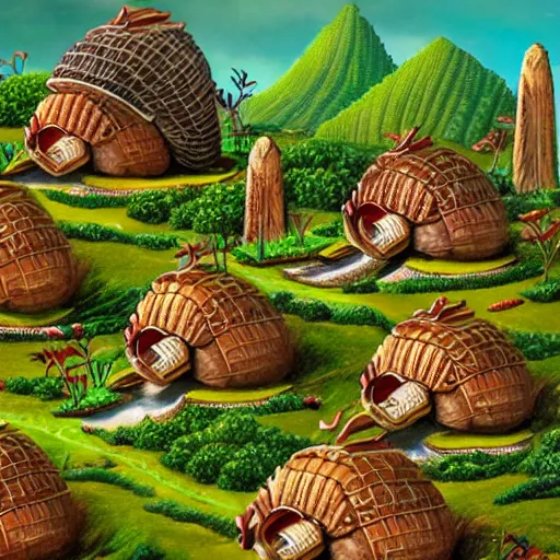 Prompt: a armadillo city with broccoli houses, highly detailed, fantasy art