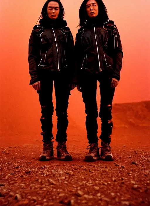 Image similar to cinestill 5 0 d photographic portrait of two loving clones, women wearing rugged black techwear on a desolate plain with a red sky, closeup, diverse species, cyberpunk, in front of a brutalist dark metal facility, dust storm, 3 5 mm, 8 k, depth of field, high resolution, ultra realistic faces, beautiful faces