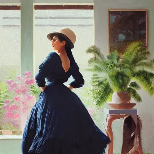 Prompt: happy very thick paint brush strokes paint texture full body fashion model kylie jenner by Jeremy Lipking by Hasui Kawase by Richard Schmid (((smokey eyes makeup eye shadow fantasy, glow, shimmer as victorian woman in a long white frilly lace dress and a large white hat having tea in a sunroom filled with flowers, roses and lush fern flowers ,intricate, night, highly detailed, dramatic lighting))) , high quality