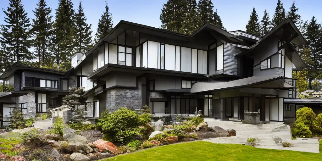 Prompt: large modern residence, washington state japanese style, flared japanese black tile roof, many large windows with light, elegant