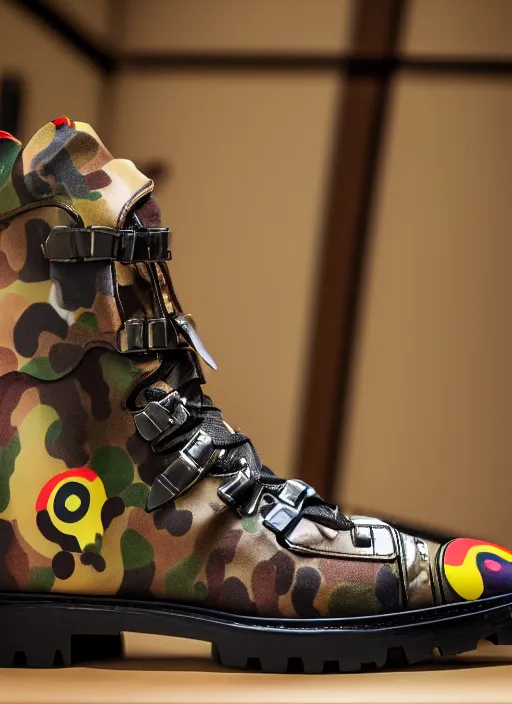 Image similar to hyperrealistic and heavy detailed product photo bape avant garde boots of movie the fifth element, in front of white back drop, whole shoe is in picture, leica sl 2 5 0 mm, vivid color, high quality, high textured, real life