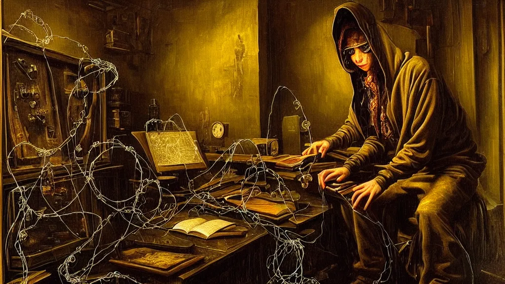 Prompt: prompt: a hacker in a hoodie, sitting in front of a monitor in a darkly lit rum Velasquez, nymph in the water performing alchemy, small flowers and cable wire around and on the side with artifacts and ancient book, intricate oil painting, high detail, Neo-expressionism, gnarly details