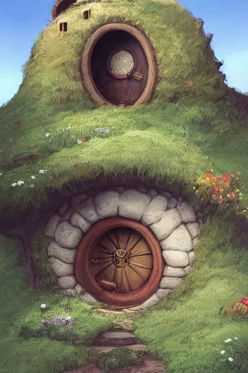 Image similar to beautiful matte painting of a hobbit house with round door and windows under a hill, whimsical by brian kesinger and bridget bate tichenor