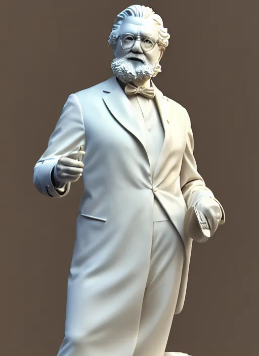 Image similar to colonel sanders as marble statue by michaelangelo, realistic 3 d render, high lights, 4 k, high detailed photography cape, 5 0 mm lens, depth of field, cinematic