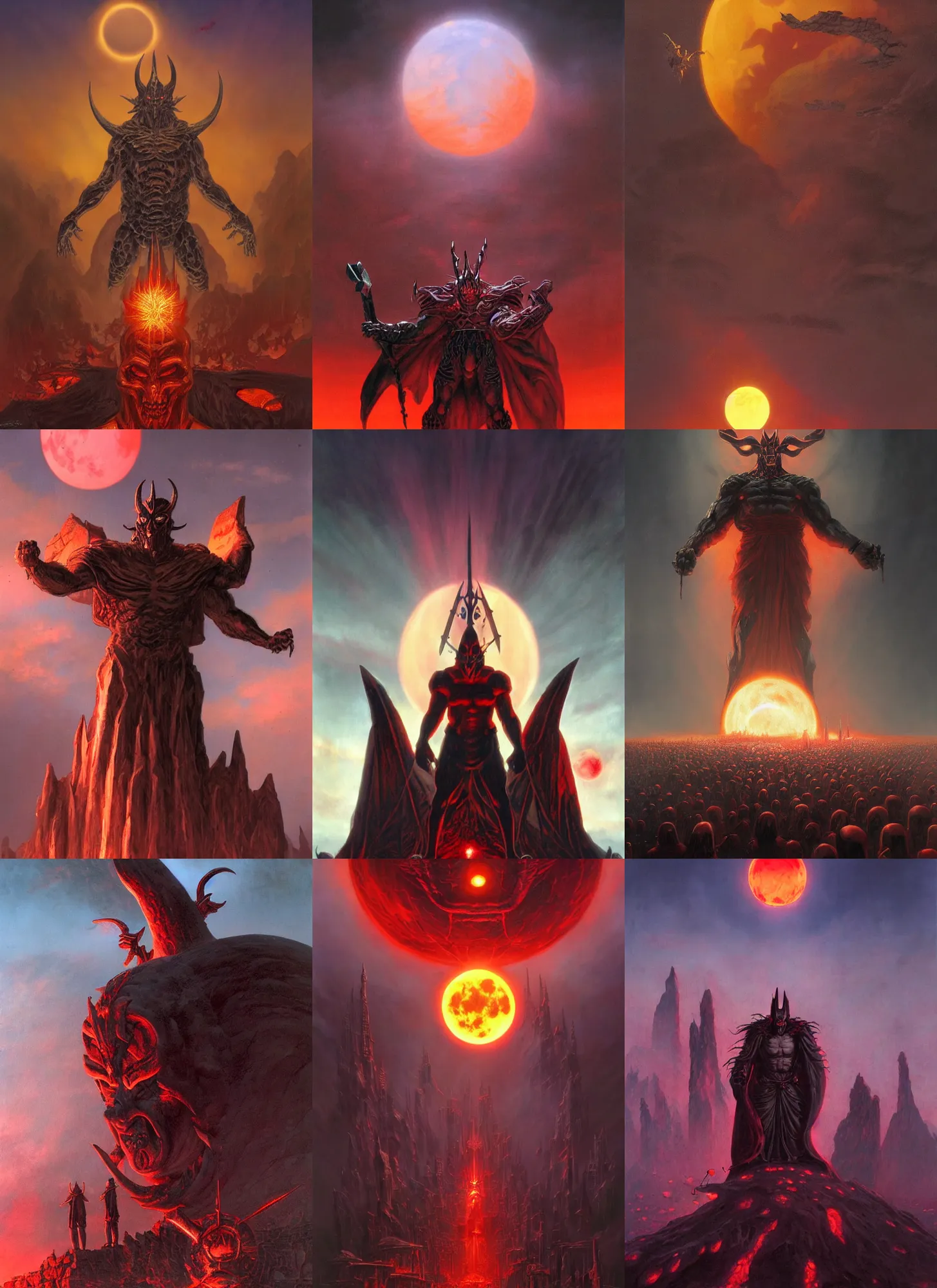 Prompt: the god of destruction looms in front of a red moon as masses kneel before him in hope of salvation in the distant future, ominous, haunting, vibrant, concept art, sharp focus, trending on artstation, by ted nasmith, jim burns