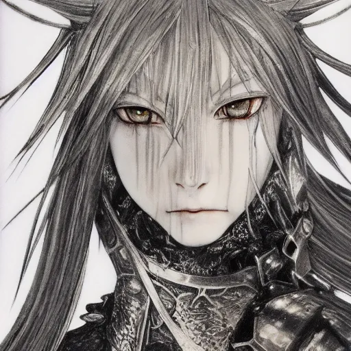 Image similar to Yoshitaka Amano realistic illustration of an anime girl with wavy white hair and cracks on her face wearing dark souls armour with the cape fluttering in the wind, abstract black and white patterns on the background, noisy film grain effect, highly detailed, Renaissance oil painting, weird portrait angle