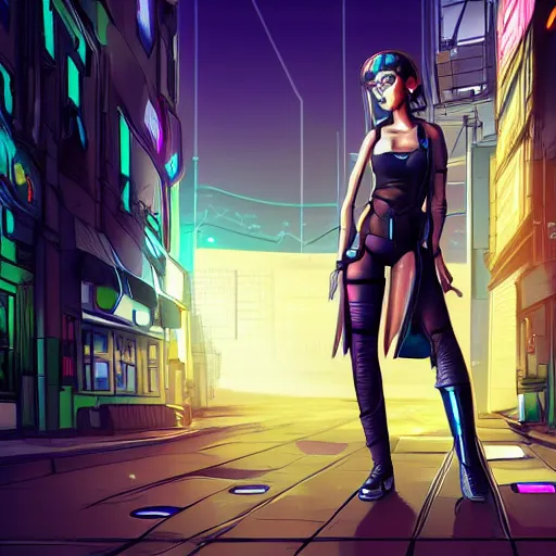 Image similar to full length character design, digital art of a cyberpunk girl in a cyberpunk street with sunshaft