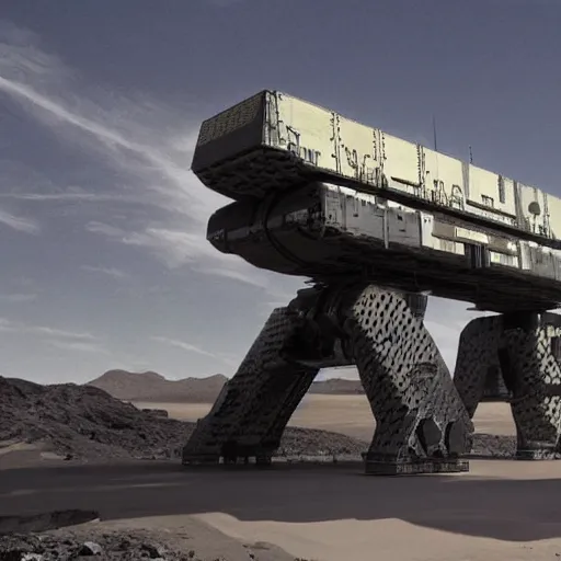 Image similar to SciFi industrial futuristic Brutalism brutalistic huge carrying vehicle desert