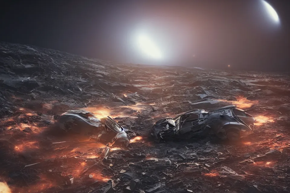 Image similar to road wreckage orbiting earth in space, dark cinematic, volumetric, realistic, 3 d render, realistic render, cinematic lighting, volumetric lighting, atmospheric, cinematic, unreal engine 5, unreal engine render, octane render, hd, photorealism, hyper realistic, 8 k