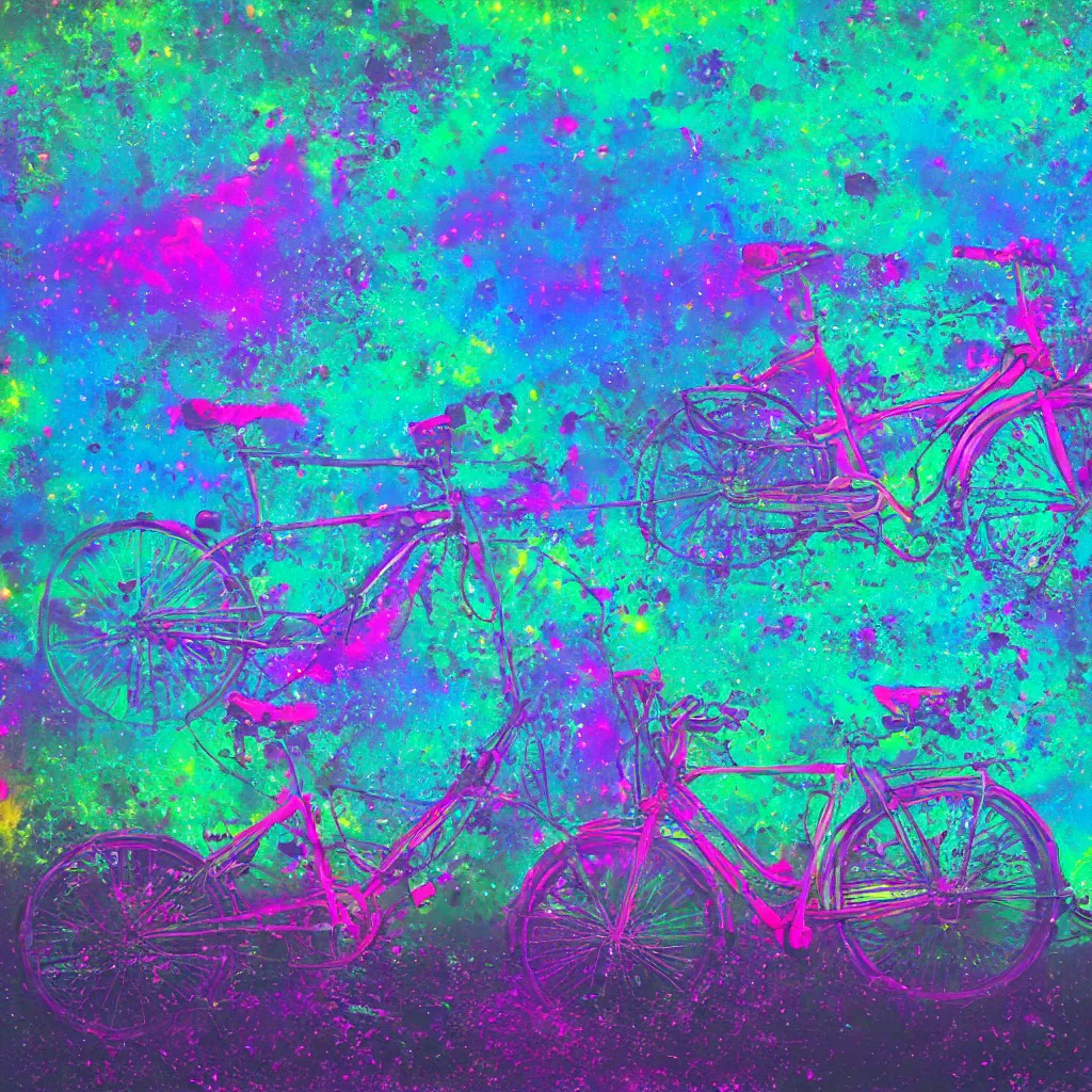 Image similar to broken bike submerged in colorful space like water, backlit, outer space, vaporwave