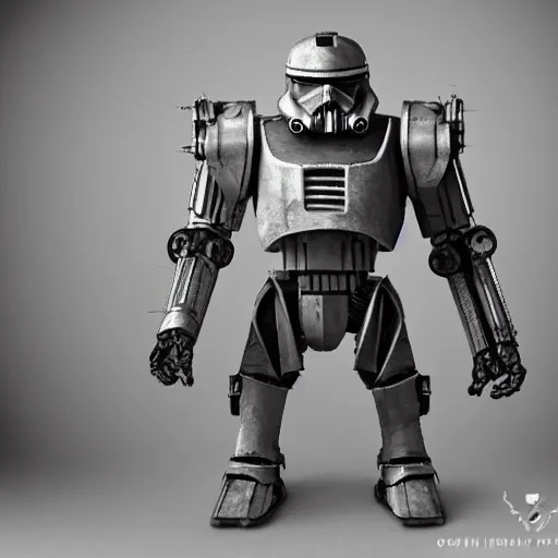 Image similar to huge power armor with servos from fallout in the style of star wars stormtrooper, realism, depth of field, focus on darth vader,