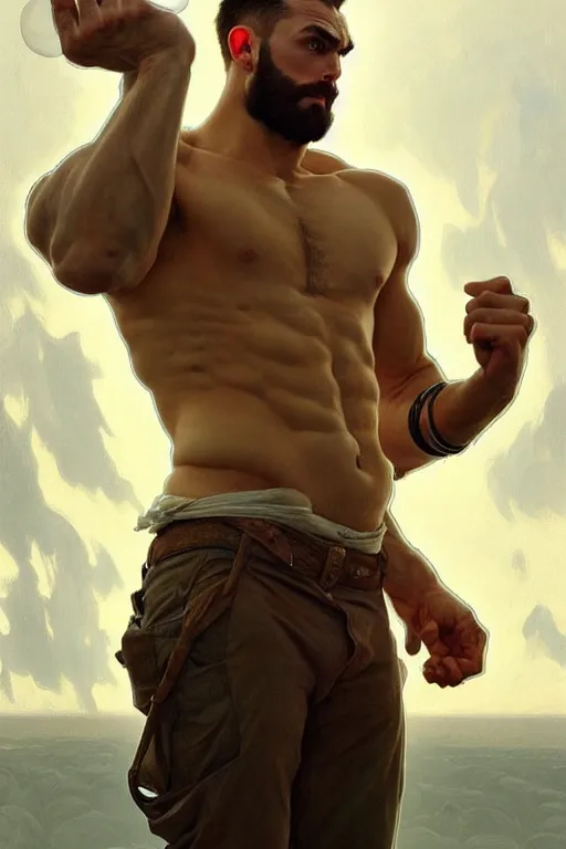 Image similar to clear portrait of a gigachad! attractive men, cottagecore!!, background hyper detailed, character concept, full body, dynamic pose, glowing lights!! intricate, elegant, highly detailed, digital painting, artstation, concept art, smooth, sharp focus, illustration, art by artgerm and greg rutkowski and alphonse mucha