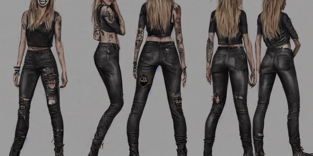 Prompt: halston sage fully tattooed, wearing scratched and ripped short leather jeans, wearing an aviator outfit with a smiley stamp, character sheet, fine details, props, concept design, contrast, kim jung gi, greg rutkowski, trending on artstation, 8 k, full body, turnaround, front, back, ultra wide angle