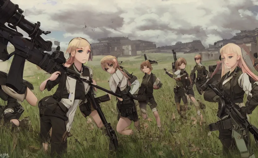 Image similar to panoramic view, girl, soldier clothing, battlefield in background, anime style, short hair, hair down, symmetrical facial features, combat googles, from girls frontline, hyper realistic, 4 k, extreme detail, detailed drawing, trending artstation, safebooru, realistic lighting, by alphonse mucha, greg rutkowski, sharp focus