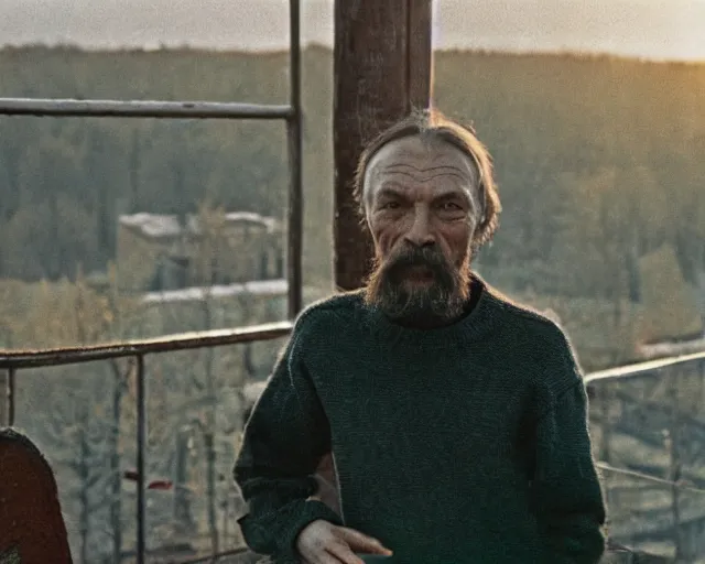 Image similar to award - winning lomographic tarkovsky film still of 4 0 years russian man with beard and sweater standing on small hrushevka 9 th floor balcony in taiga looking at sunset, cinestill, bokeh