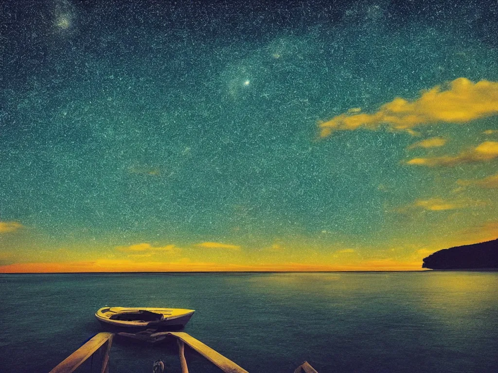 Image similar to “peaceful night full of stars at dawn on the sea clear waters lonely yatch far away blue green yellow tones artwork 4K HDR cinematic wide angle deep focus”