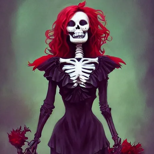 Image similar to cute & beautiful smug smiling undead skeleton girl with red hair dressed as a witch, elegant, digital art, fantasy, pixar style, painting, pin up, highly detailed, artstation, art by artgerm, vrubel, greg rutkowski, ilya kuvshinov, raymond swanland