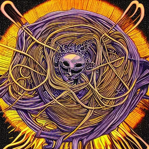 Prompt: flying spaghetti monster, by alex gray, touched by his noodly appendage