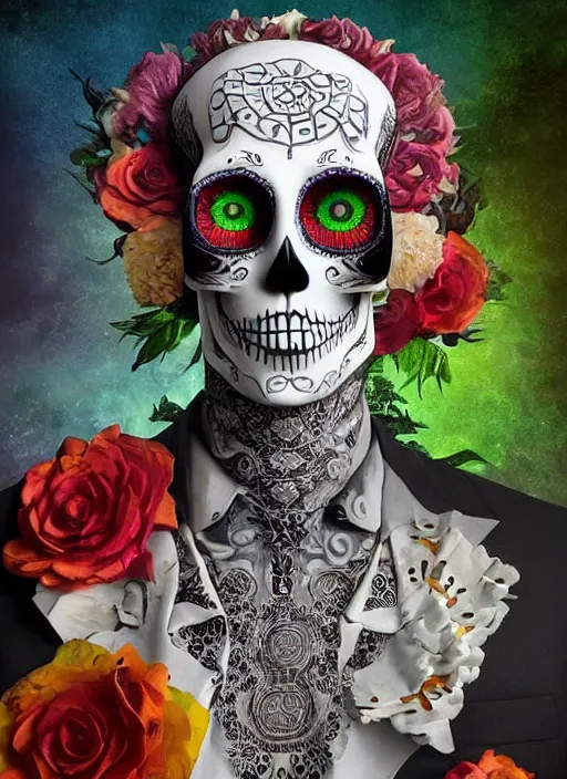 Image similar to dia de los muertos hombre theme surrealist art in the styles of igor morski, jim warren, and a tim burton film, intricate, hyperrealistic, accurate facial details, profile picture with chromakey!!!!! background, volumetric lighting