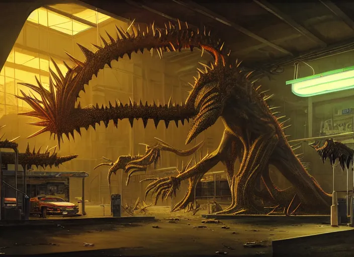 Image similar to scene inside a gas station with harsh fluorescent industrial lighting, giant monstrous aggressive spiked creature screaming at the camera, spikes like needles, needles, thin spikes, epic science fiction horror digital matte painting by Moebius and Mark Brooks (and Greg Rutkowski), extremely detailed, artstation