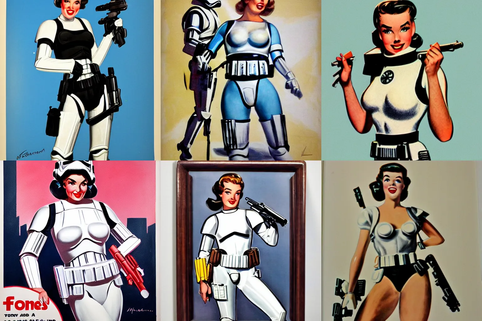 Prompt: a female stormtrooper as a pinup girl, 1950s art, award winning