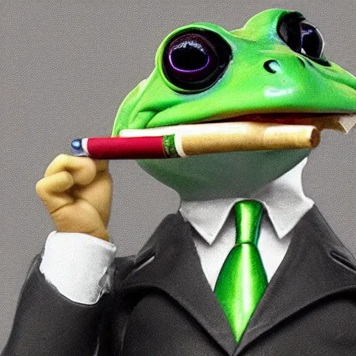 Image similar to a high detail closeup shot of a frog wearing a suit 👔,and smoking a cigarrette🚬