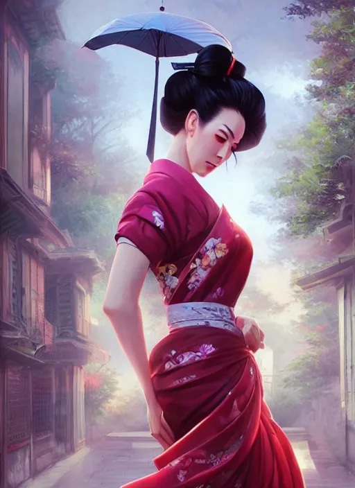 Prompt: hyper realistic geisha, by artgerm, background by greg rutkowski