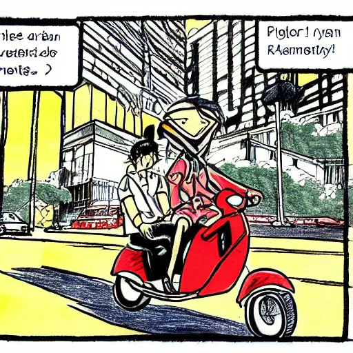 Prompt: a drawing of a man and a woman riding a scooter, a comic book panel by hiromu arakawa, featured on pixiv, tachisme, rtx, anime, art