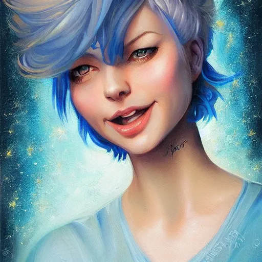 Image similar to a beautiful painting of a smiling woman with stylish short blue hair and sparkling blue eyes, background is a rustic saloon, representative of the art style of artgerm and wlop and peter mohrbacher