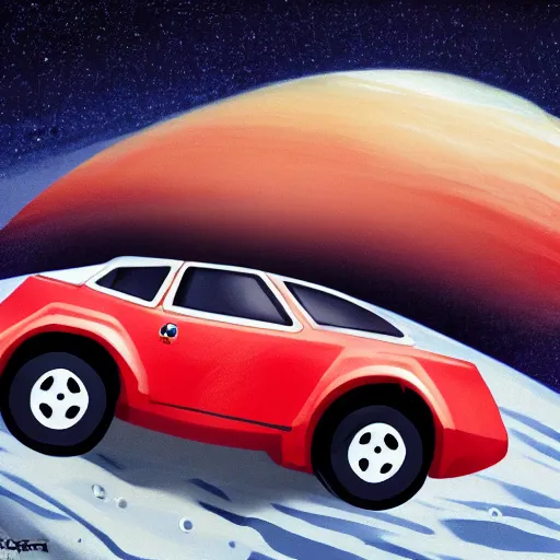 Prompt: A kid is driving a red car on the moon, concept art