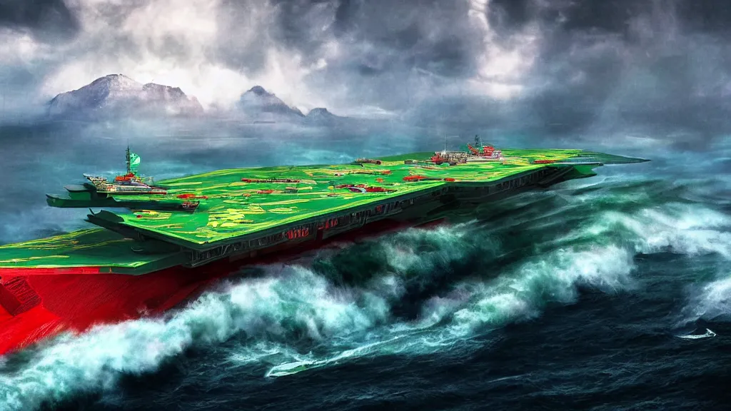 Prompt: a futuristic mountain dew branded aircraft carrier with green and red mountain dew logo, dramatic clouds, choppy waters, sharp focus, cinematic, moody, imax