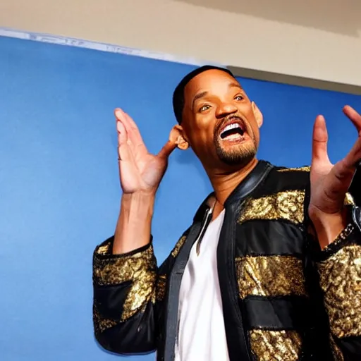 Prompt: will smith angrily pointing at the camera, highly detailed, well - lit, award - winning photograph, real image