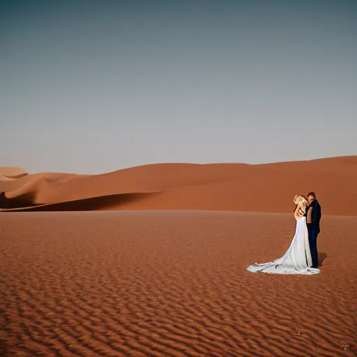 Image similar to bride and groom in the middle of the sahara desert, canon eos r 3, iso 2 0 0, 1 / 1 6 0 s, 8 k, raw, unedited, symmetrical balance, in - frame