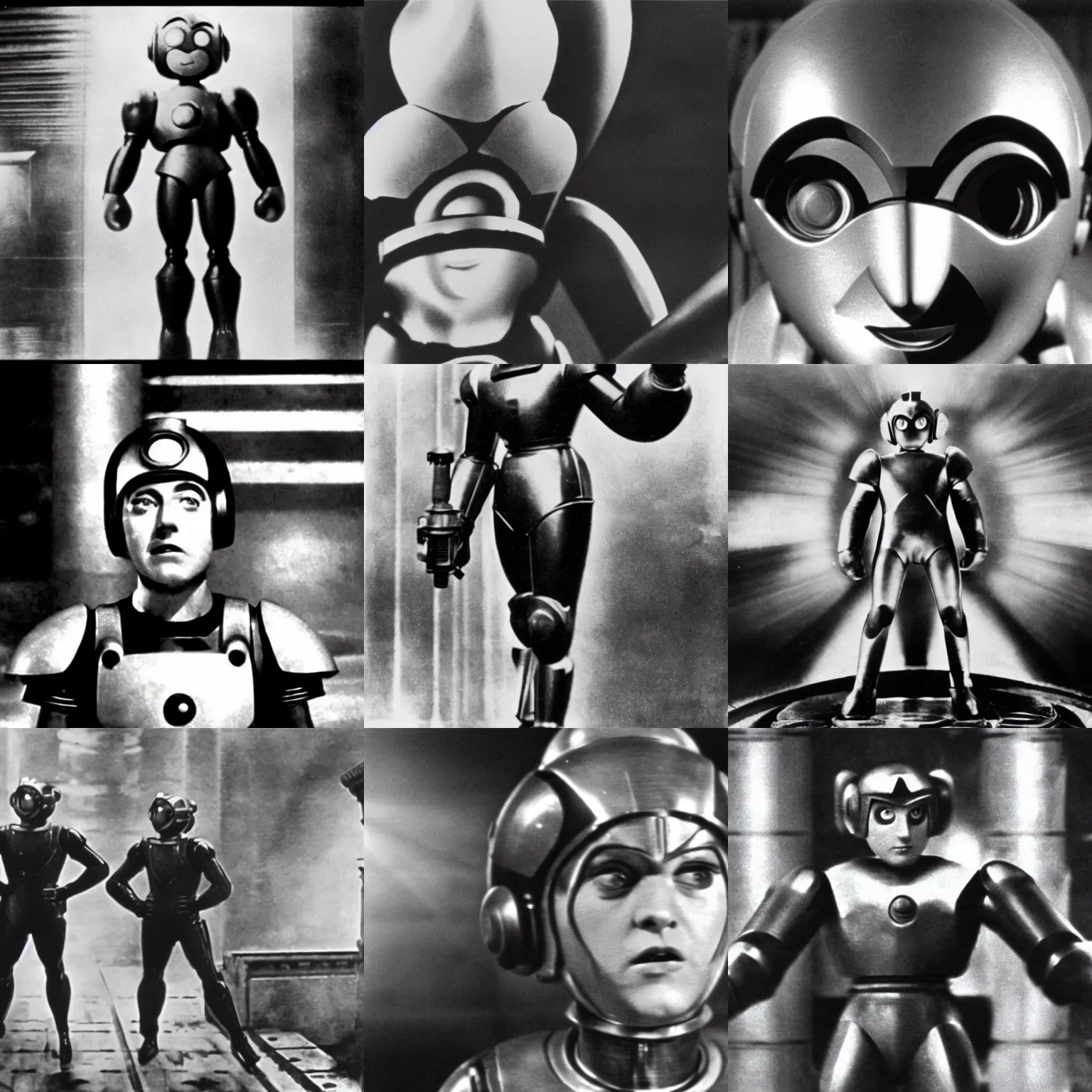 Prompt: film still of megaman in metropolis ( 1 9 2 7 ), photography