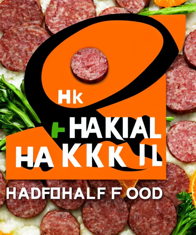 Prompt: a logo for frozen food shop called 'haikal frozen food' with elegant logo and detail food oriented and orange basic color with sausage on it,detail,and make people interested with that shop