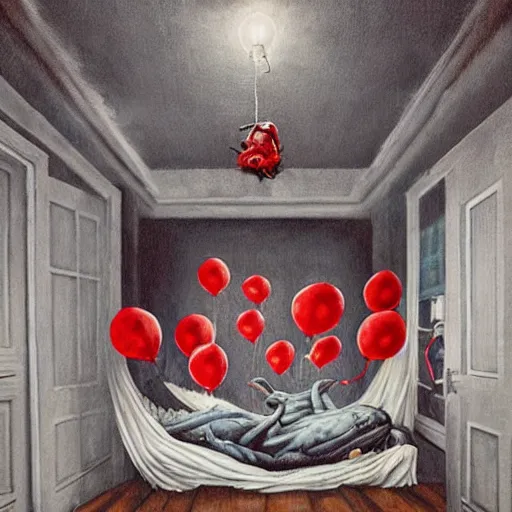 Prompt: grunge painting of underneath your bed with a wide smile and a red balloon by chris leib, loony toons style, pennywise style, corpse bride style, horror theme, detailed, elegant, intricate, conceptual, volumetric light