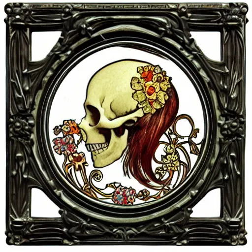 Prompt: skull in the center of a decorative art nouveau round frame, in the style of Mucha,