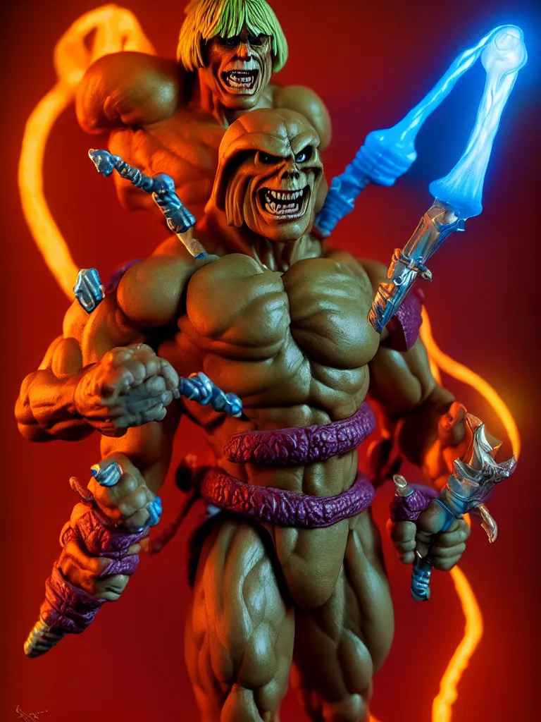 Image similar to hyperrealistic rendering, he - man by art of skinner and richard corben and jeff easley, product photography, action figure, sofubi, studio lighting, colored gels