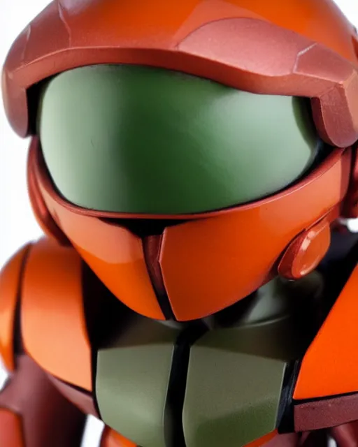 Image similar to helmet portrait of a figurine of samus aran's varia power suit from the sci - fi nintendo videogame metroid. designed by hiroji kiyotake, gene kohler and rodney brunet. metroid zero mission. metroid prime. glossy. red round helmet, orange shoulder pads, green visor. shallow depth of field. suit of armor.