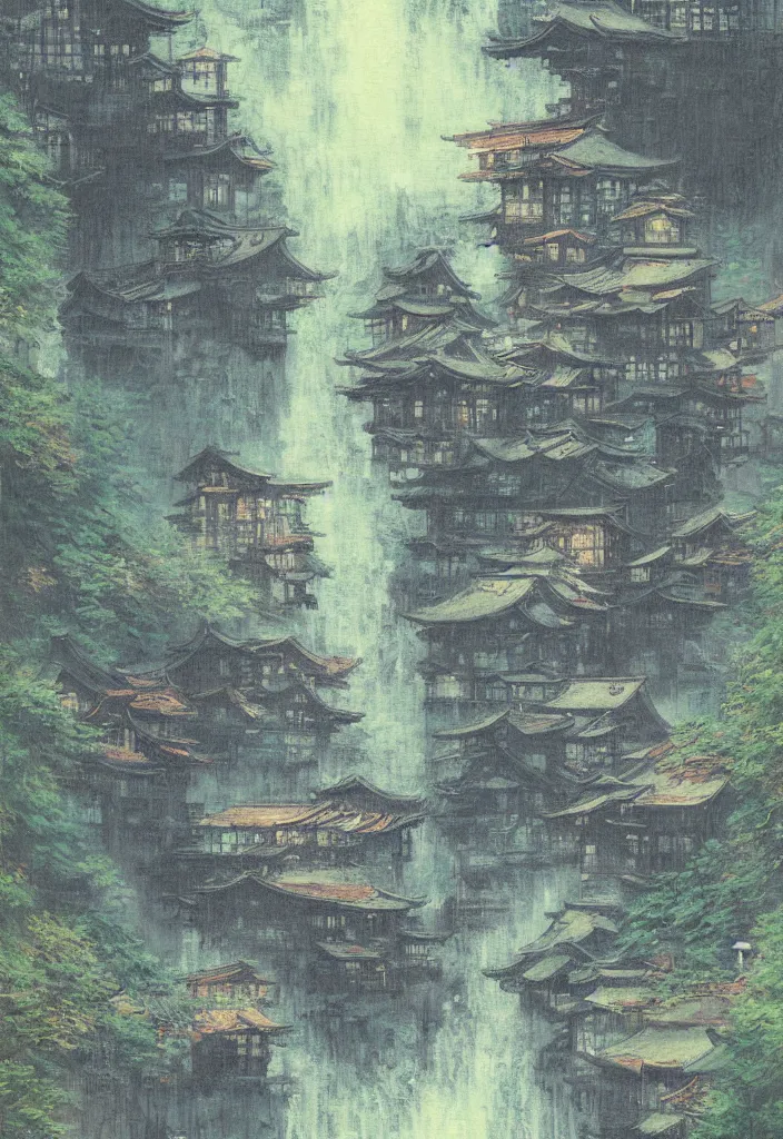 Prompt: a beautiful japanese city in the mountain, amazing ryokans and edo era houses, waterfall, yokai characters. epic cyberpunk. visible pipes, lanterns, lofi vibe, vivide colors, amazing light, light beams with dust, mesmerizing nature, by jeremy lipkin, by claude monet, by makoto shinkai, futuristic city, inspired by ghibli, masterpiece