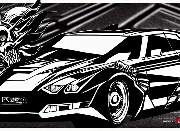 Prompt: shin megami tensei art of a demon car!! called black! volga!!, gaz!!!! car!!!!!!!!!!!, vehicle, art by kazuma kaneko, demonic! compedium!, digital drawing, white background, high quality, highly detailed