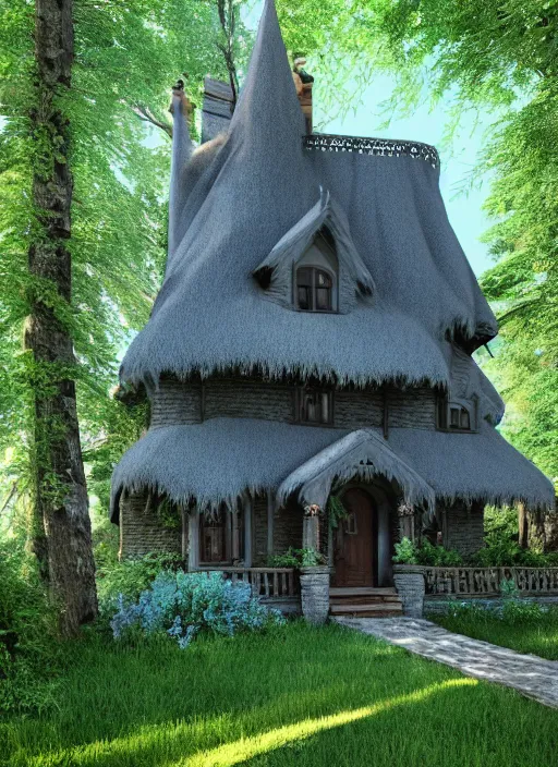 Image similar to hyper realistic homely ornate witch cottage architectural, in the woods gorgeous lighting, blue sky, highly detailed, lush forest architectural render, octane render, ue 5 raytraced